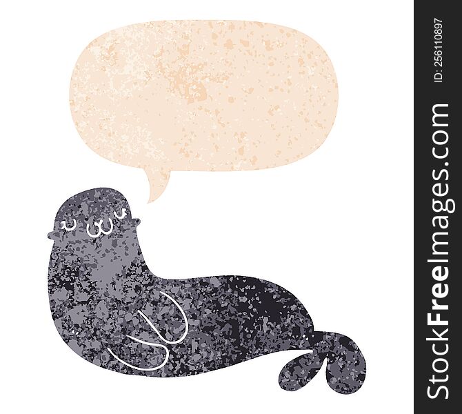 cute cartoon seal with speech bubble in grunge distressed retro textured style. cute cartoon seal with speech bubble in grunge distressed retro textured style