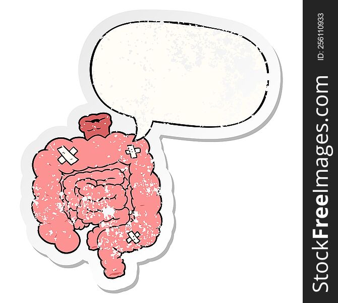 Cartoon Repaired Intestines And Speech Bubble Distressed Sticker