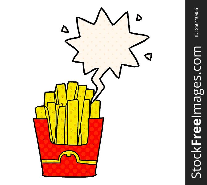 cartoon junk food fries with speech bubble in comic book style