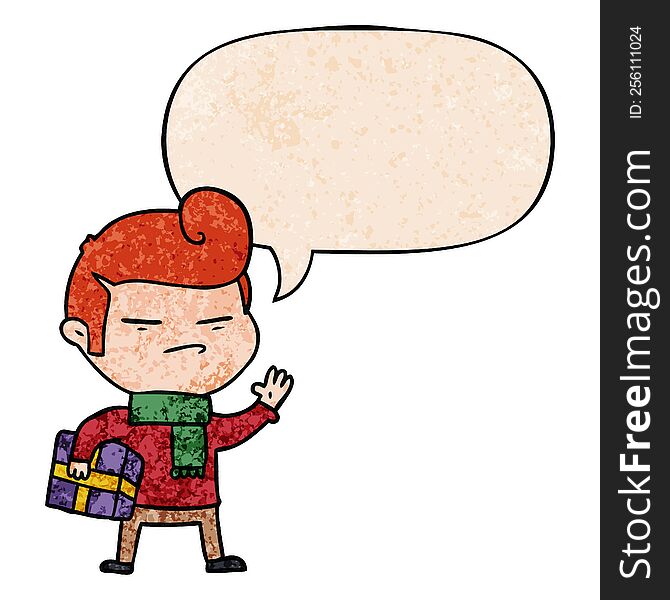 cartoon cool guy and fashion hair cut and speech bubble in retro texture style