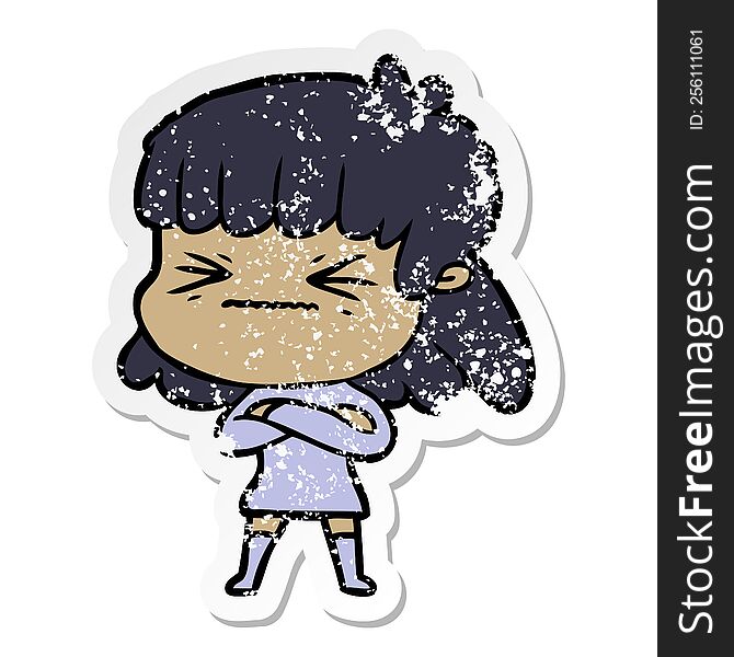 distressed sticker of a cartoon stressed out woman