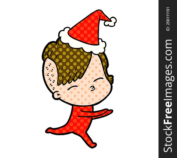 hand drawn comic book style illustration of a girl in onesie wearing santa hat