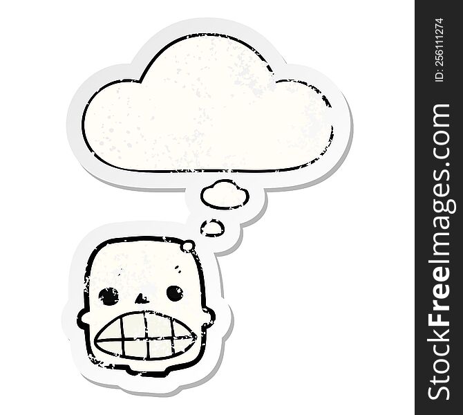 cartoon skull with thought bubble as a distressed worn sticker