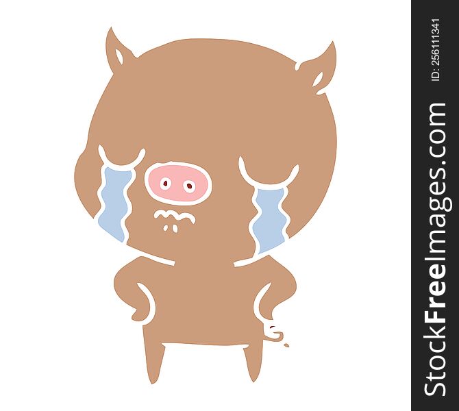 Flat Color Style Cartoon Pig Crying With Hands On Hips