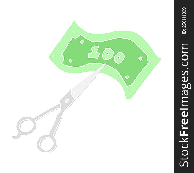 flat color illustration of scissors cutting money. flat color illustration of scissors cutting money