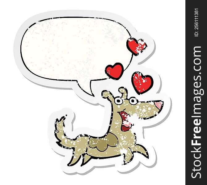 cartoon dog with love hearts with speech bubble distressed distressed old sticker. cartoon dog with love hearts with speech bubble distressed distressed old sticker