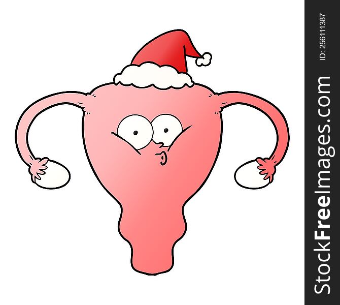 hand drawn gradient cartoon of a uterus wearing santa hat