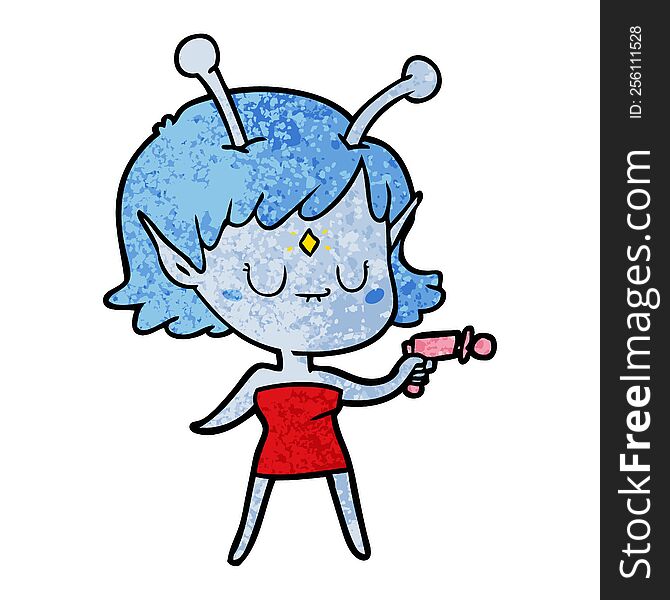 cartoon alien girl with ray gun. cartoon alien girl with ray gun
