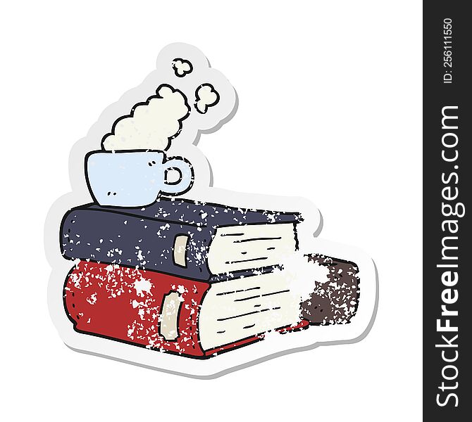 distressed sticker of a cartoon books and coffee cup