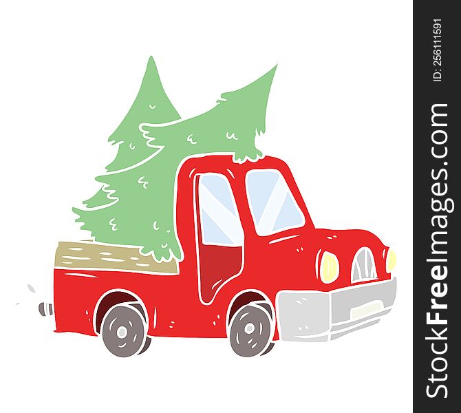 flat color style cartoon pickup truck carrying christmas trees