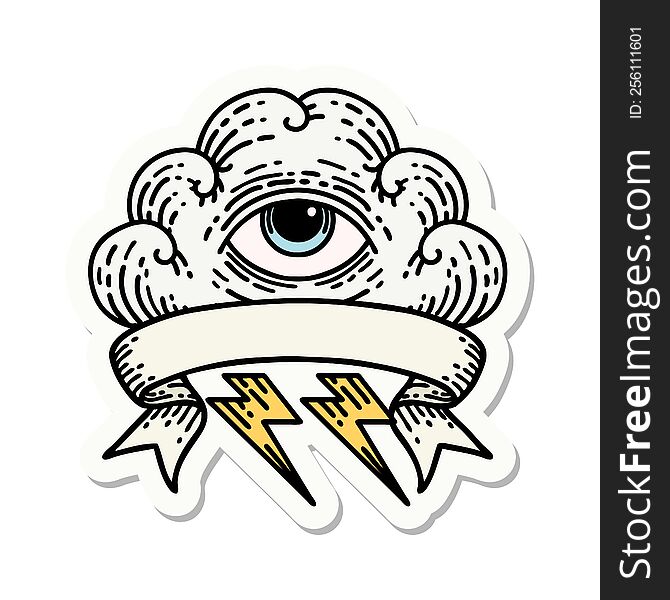 tattoo sticker with banner of an all seeing eye cloud