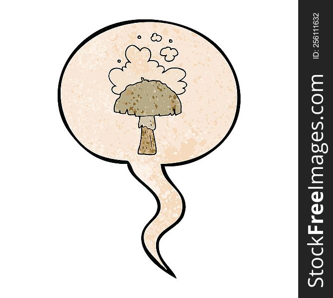 cartoon mushroom with spore cloud with speech bubble in retro texture style. cartoon mushroom with spore cloud with speech bubble in retro texture style