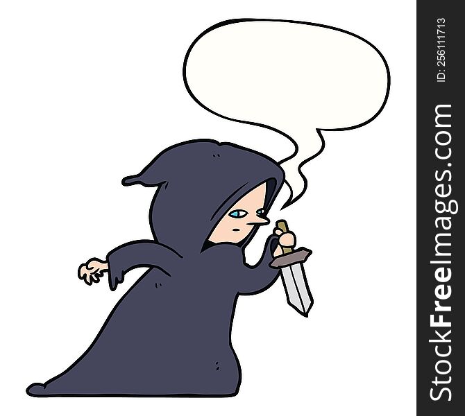 cartoon assassin in dark robe with speech bubble