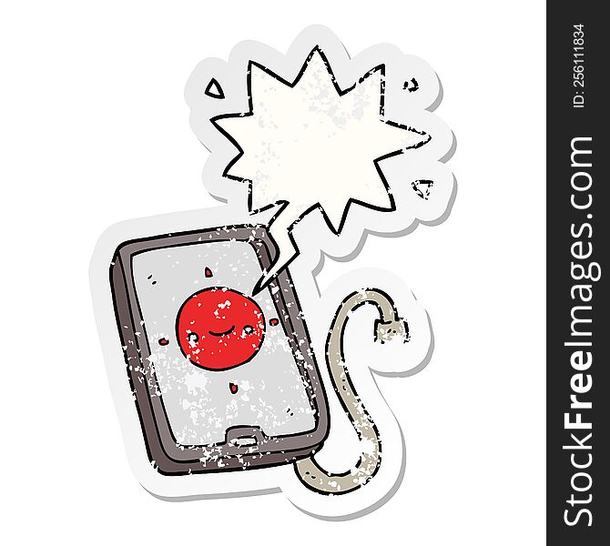 cartoon mobile phone device with speech bubble distressed distressed old sticker. cartoon mobile phone device with speech bubble distressed distressed old sticker