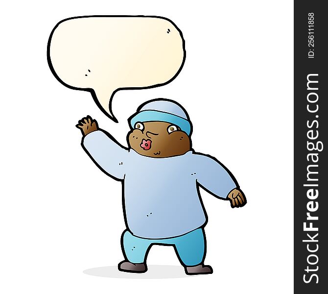 Cartoon Man In Hat Waving With Speech Bubble