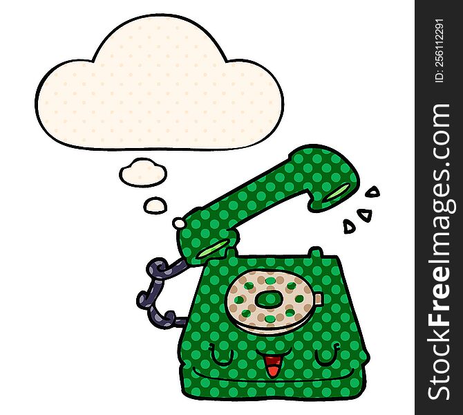 cute cartoon telephone with thought bubble in comic book style