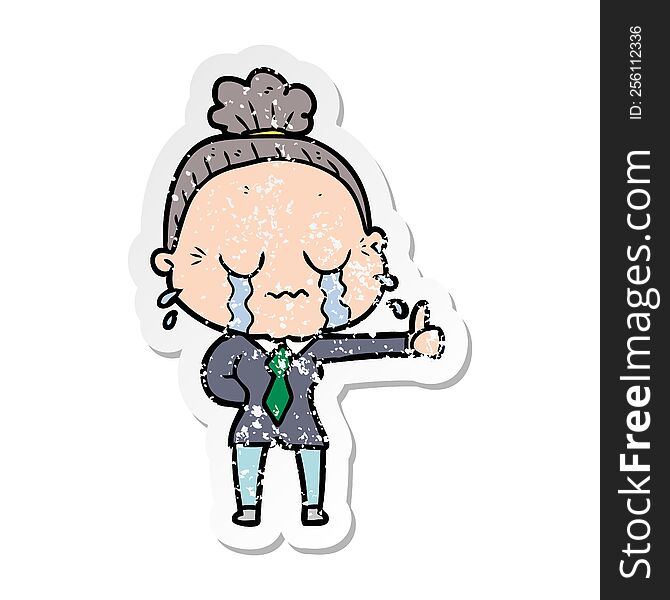 Distressed Sticker Of A Cartoon Old Woman Crying
