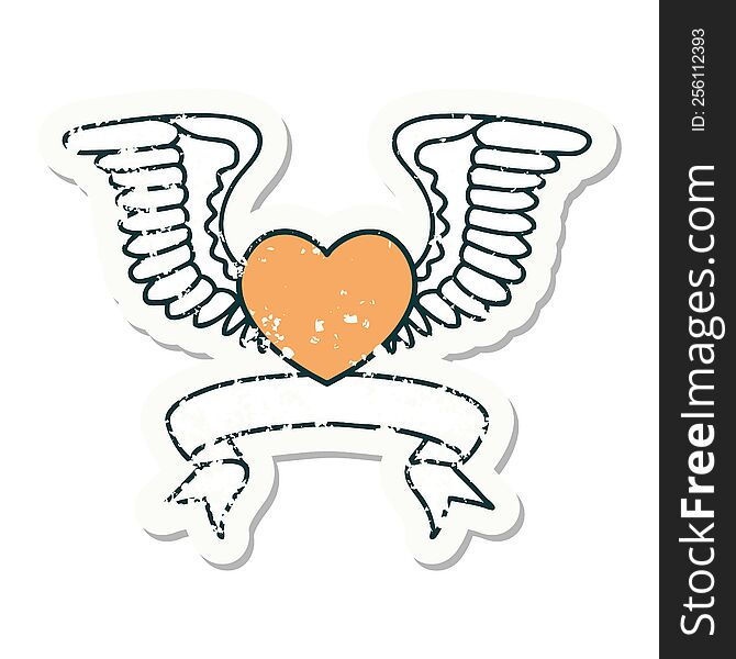 Grunge Sticker With Banner Of A Heart With Wings