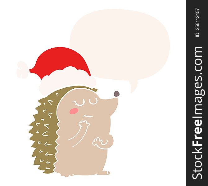 cartoon hedgehog wearing christmas hat with speech bubble in retro style