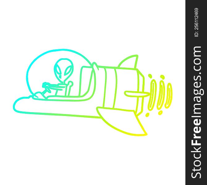 Cold Gradient Line Drawing Cartoon Alien Spacecraft