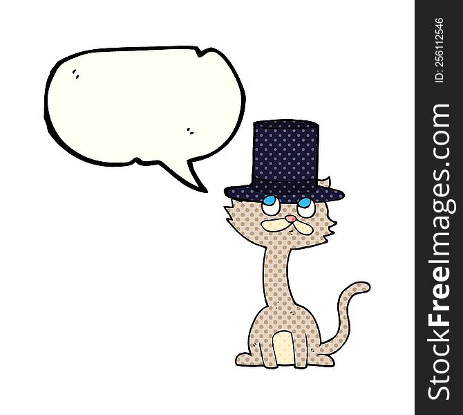 freehand drawn comic book speech bubble cartoon cat in top hat