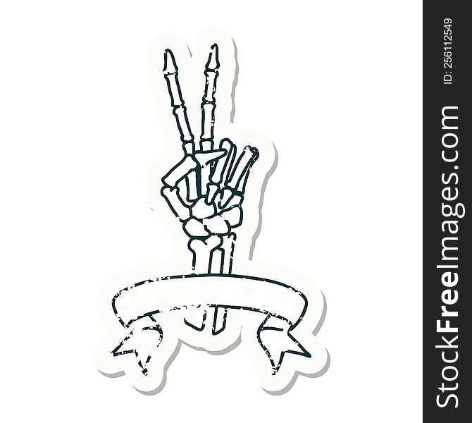 grunge sticker with banner of a skeleton hand giving a peace sign