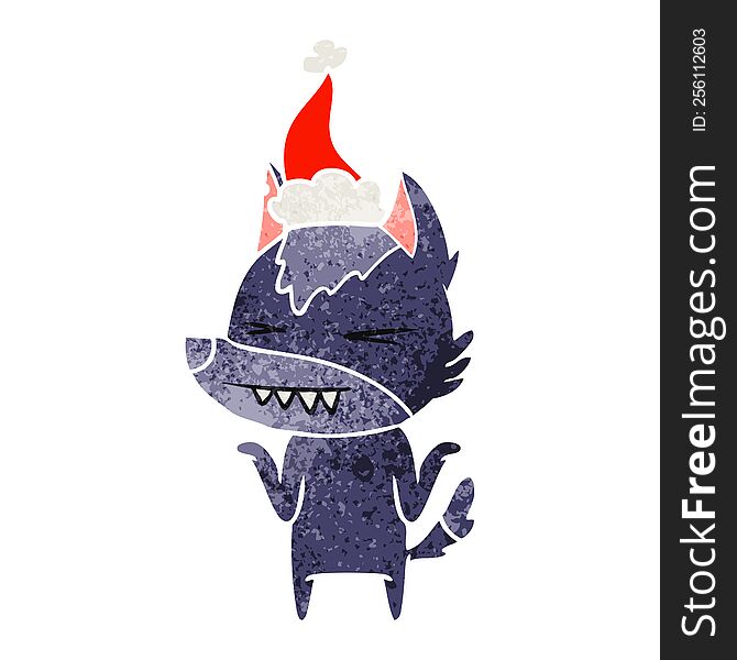 Angry Wolf Retro Cartoon Of A Wearing Santa Hat