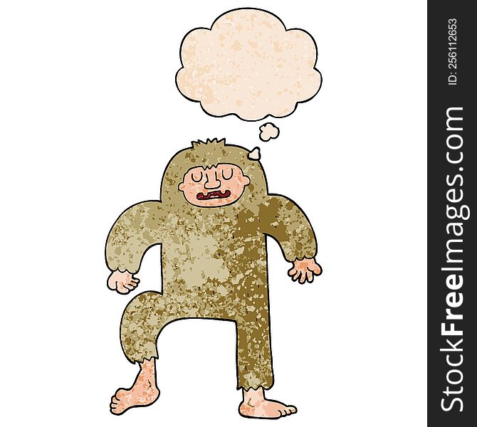 cartoon bigfoot with thought bubble in grunge texture style. cartoon bigfoot with thought bubble in grunge texture style