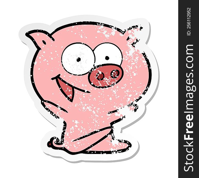 Distressed Sticker Of A Cheerful Sitting Pig Cartoon