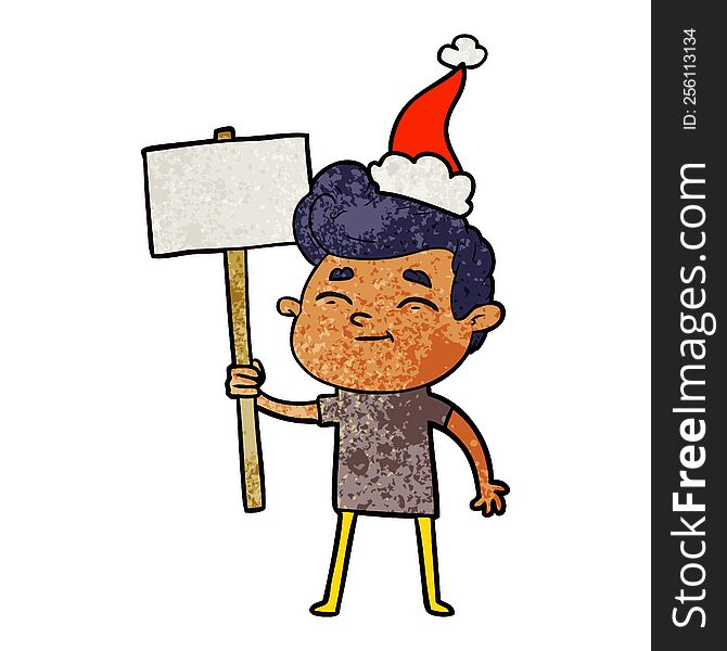 happy hand drawn textured cartoon of a man with sign wearing santa hat. happy hand drawn textured cartoon of a man with sign wearing santa hat
