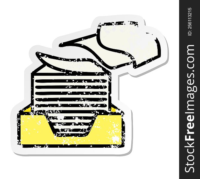 distressed sticker of a cute cartoon stacked papers
