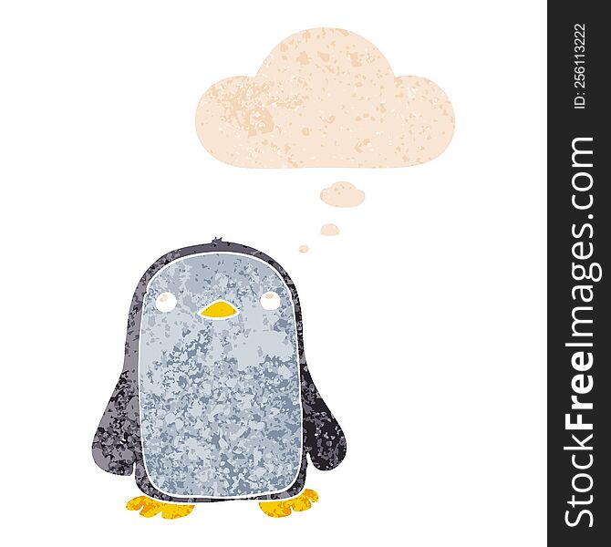 Cute Cartoon Penguin And Thought Bubble In Retro Textured Style