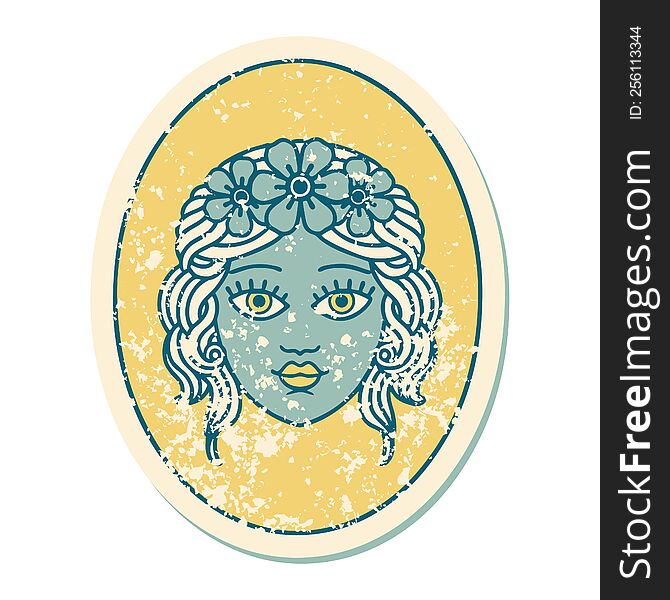 Distressed Sticker Tattoo Style Icon Of A Maiden With Crown Of Flowers