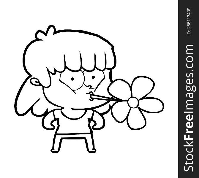 cartoon girl with flower in mouth. cartoon girl with flower in mouth