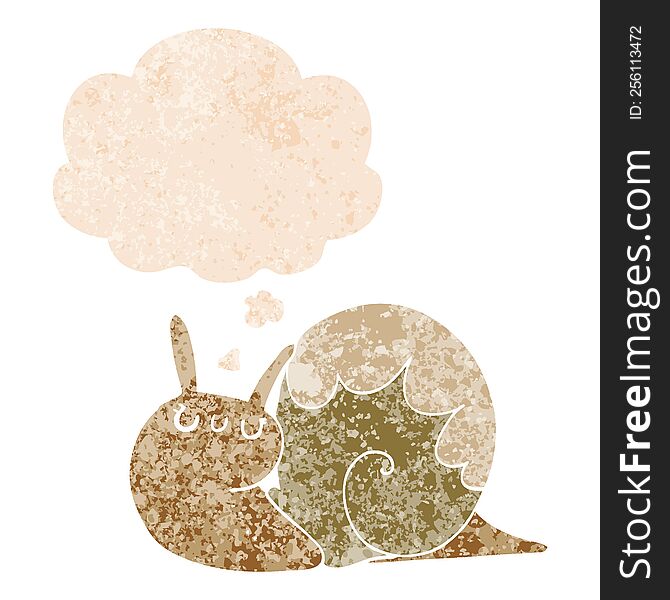 cute cartoon snail with thought bubble in grunge distressed retro textured style. cute cartoon snail with thought bubble in grunge distressed retro textured style