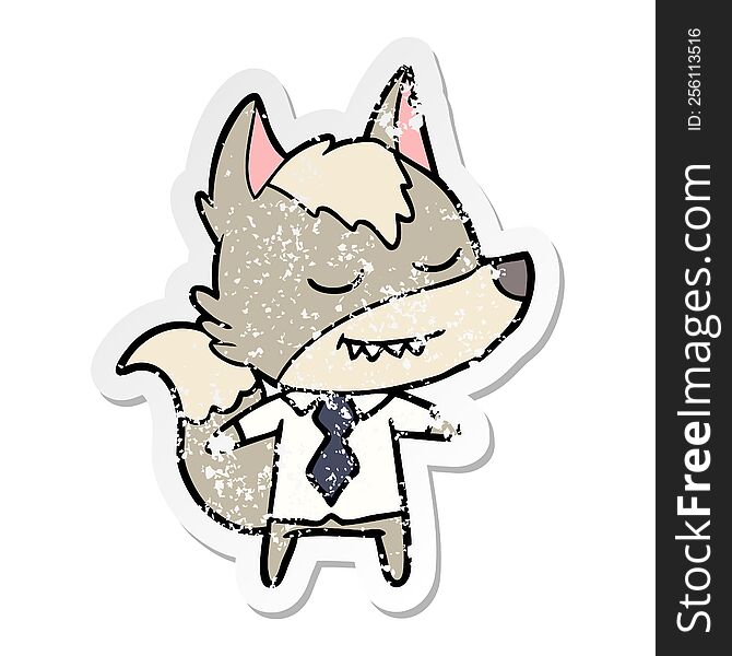 distressed sticker of a friendly cartoon boss wolf