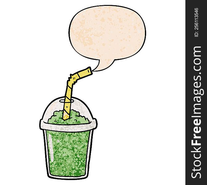 cartoon iced smoothie with speech bubble in retro texture style