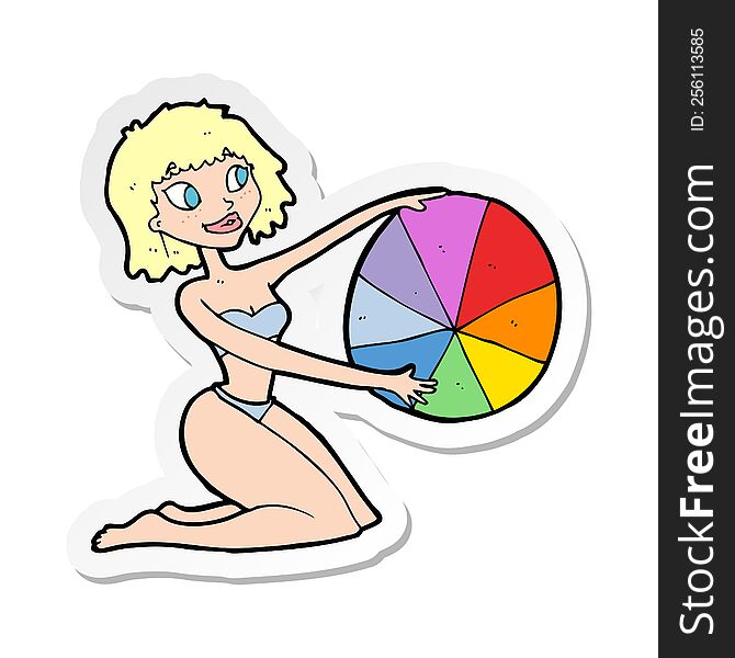 sticker of a cartoon bikini girl with beach ball