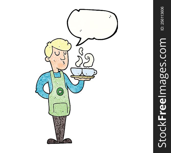 speech bubble textured cartoon barista serving coffee