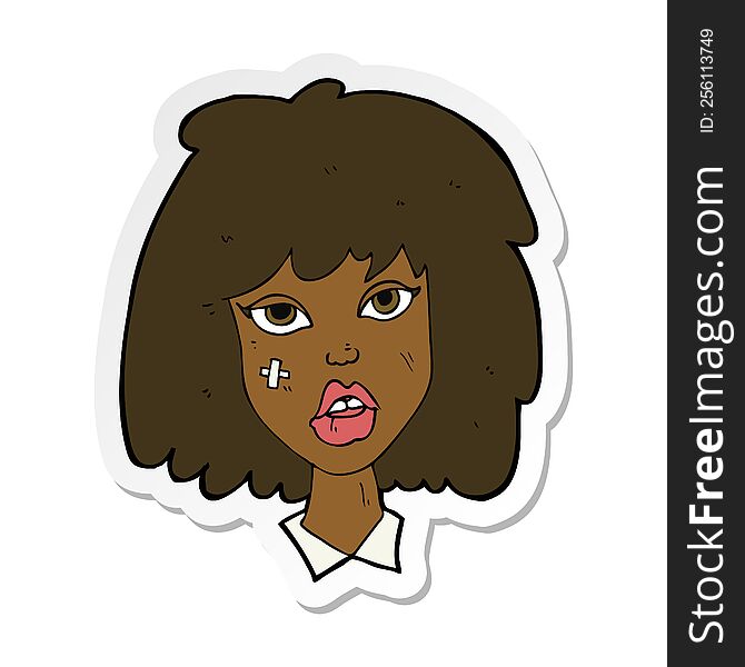 sticker of a cartoon woman with bruised face