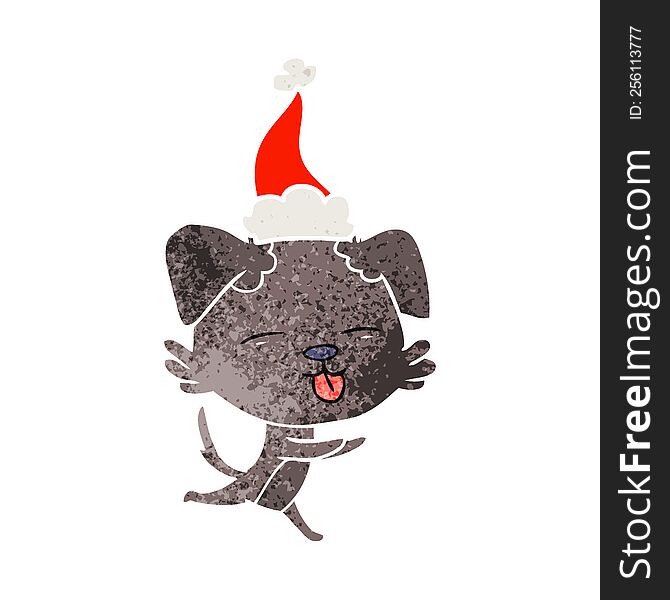 Retro Cartoon Of A Dog Sticking Out Tongue Wearing Santa Hat