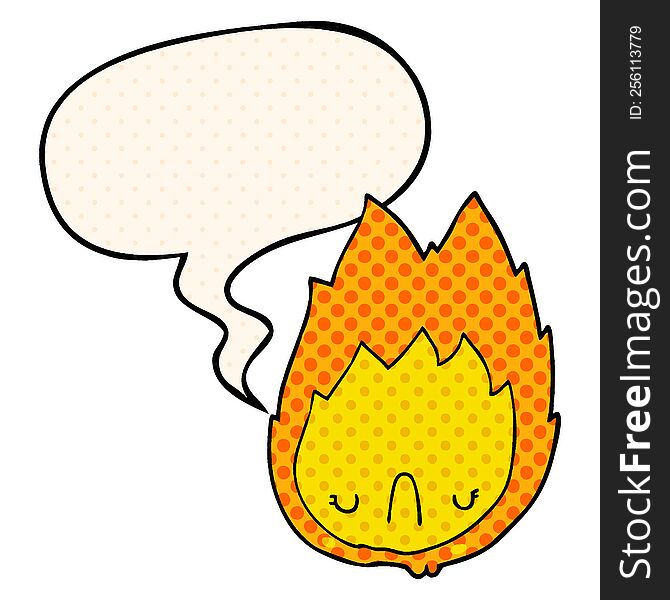 cartoon unhappy flame with speech bubble in comic book style