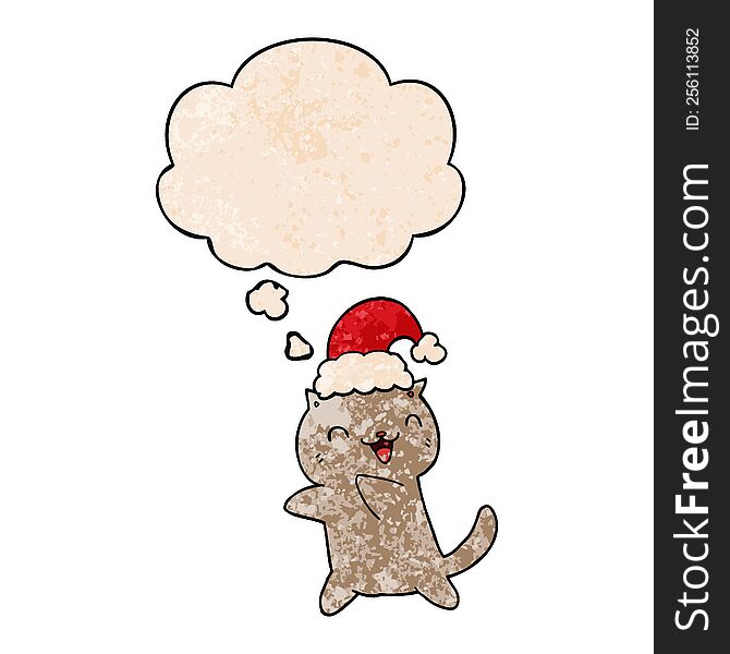 Cute Cartoon Christmas Cat And Thought Bubble In Grunge Texture Pattern Style