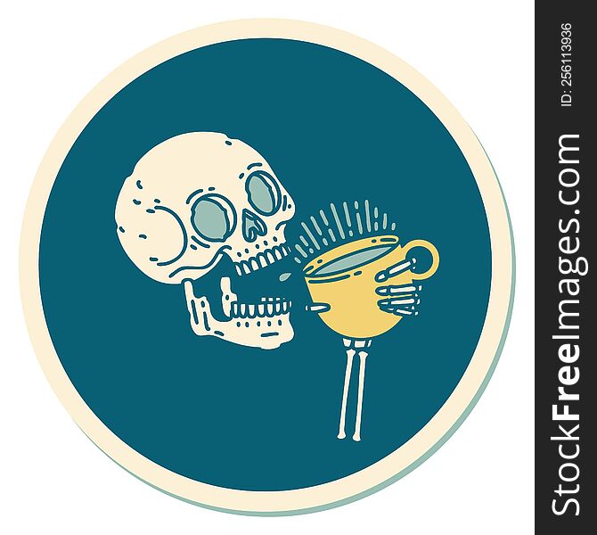 sticker of tattoo in traditional style of a skull drinking coffee. sticker of tattoo in traditional style of a skull drinking coffee