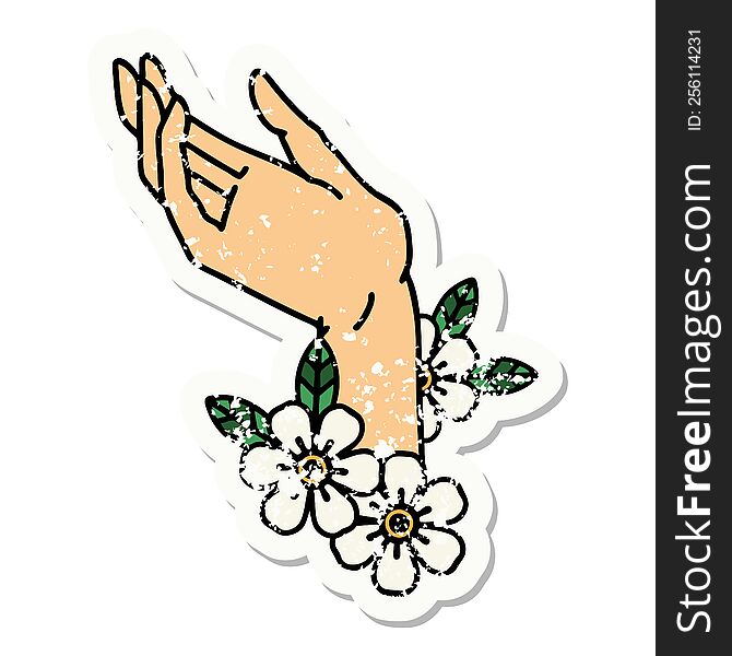 Traditional Distressed Sticker Tattoo Of A Hand