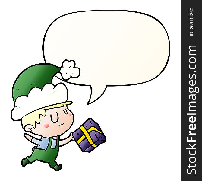 cartoon happy christmas elf with present with speech bubble in smooth gradient style. cartoon happy christmas elf with present with speech bubble in smooth gradient style
