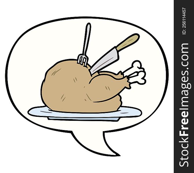 cartoon cooked turkey being carved with speech bubble