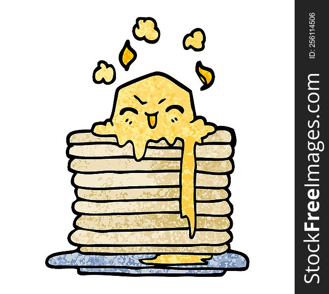 grunge textured illustration cartoon butter melting on pancakes