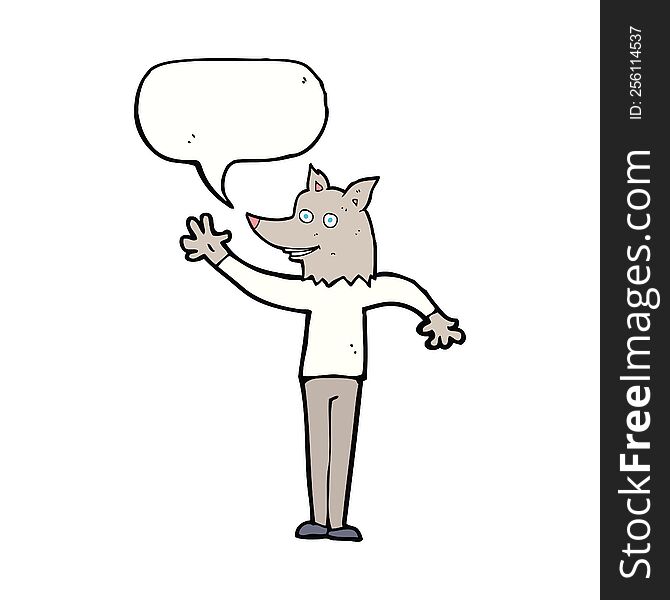 Cartoon Waving Wolf Man With Speech Bubble