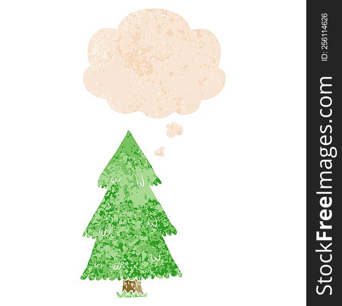 Cartoon Christmas Tree And Thought Bubble In Retro Textured Style